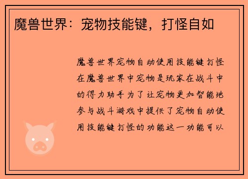 魔兽世界：宠物技能键，打怪自如